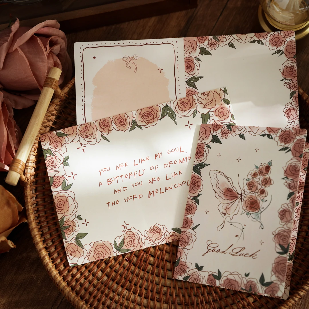蝴蝶玫瑰系列高颜值对折贺卡信封套装ins风情侣手写留言祝福卡片