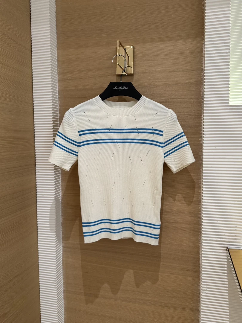 “轻奢私服”设计感条纹撞色圆领短袖针织上衣18688网红休闲装