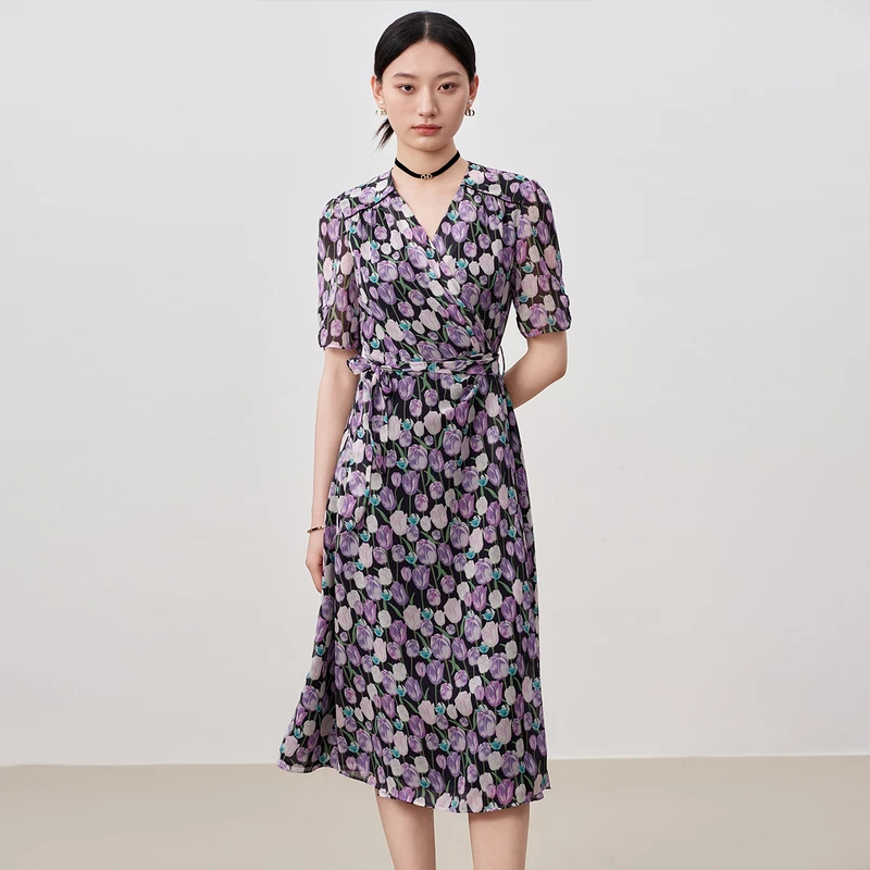 新款法式斜襟V领印花一片式茶歇连衣裙8T250916