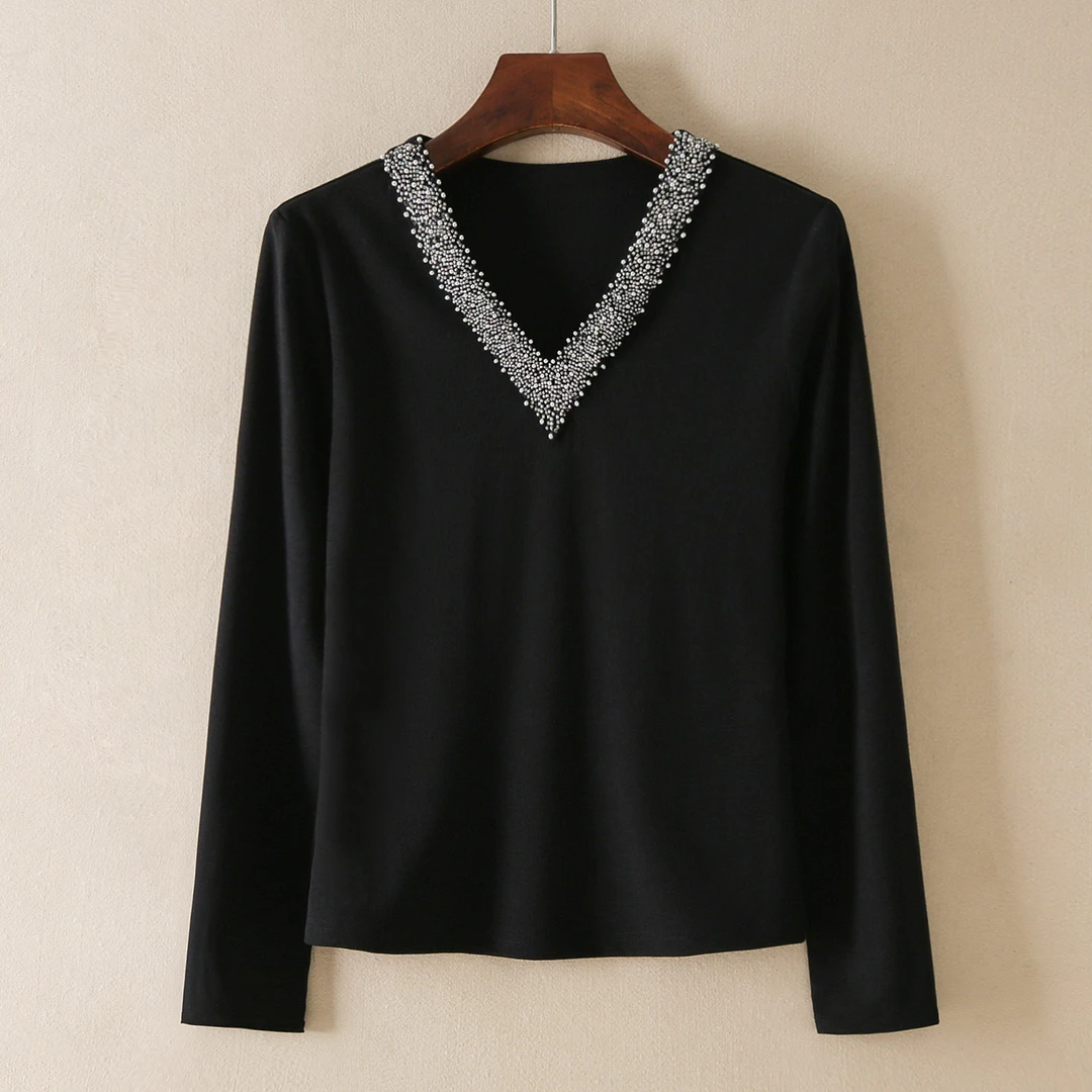 小性感V领钉珠显瘦T恤女士上衣
