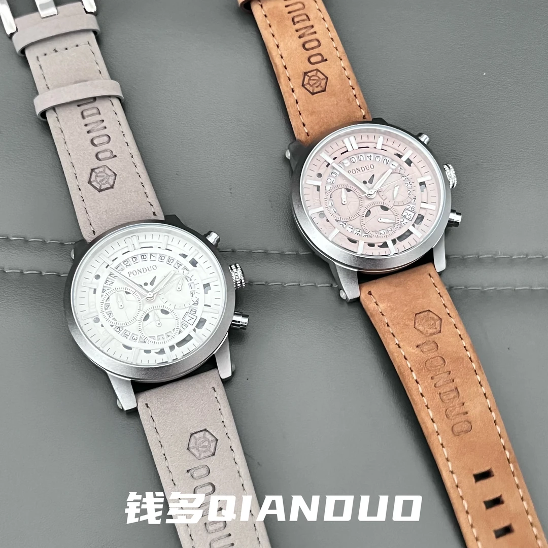 PONDUO正品外观微瑕！虫洞设计真三眼石英男手表、表头防水滴溅！