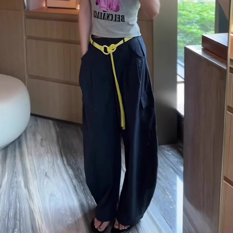 欧洲站2025夏季薄款工装裤女高级时尚配腰带两侧大口袋弯刀阔腿裤