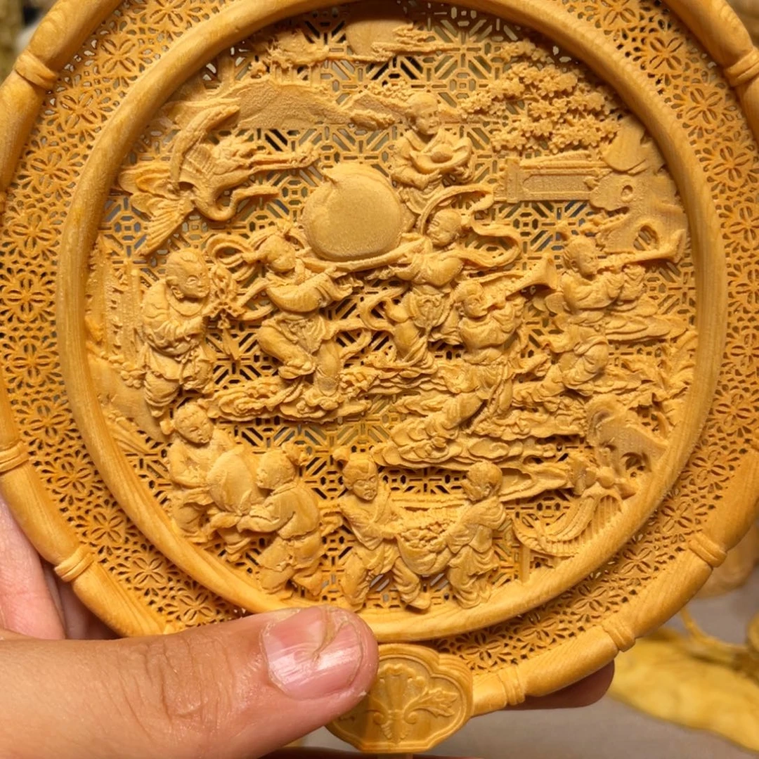 黄杨木百子图扇子