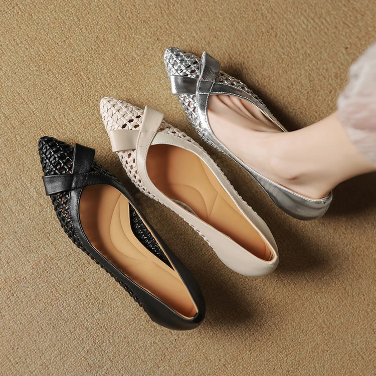 头层牛皮+编织3.5cm尖头法式时尚低跟百搭蝴蝶结女时装凉鞋一脚蹬