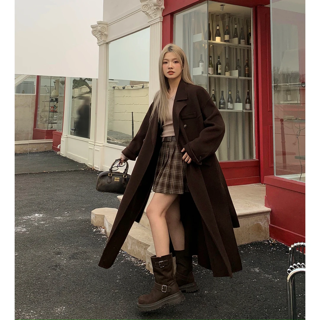 白标~中长款带腰带斜插口袋双面呢大衣女秋冬大码气质外套女