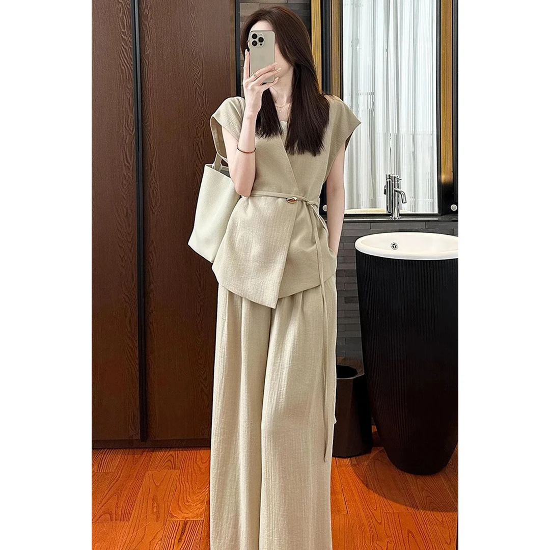 2025超火夏装一整套干练气质高级感小香风卡其色马甲职业套装裤女