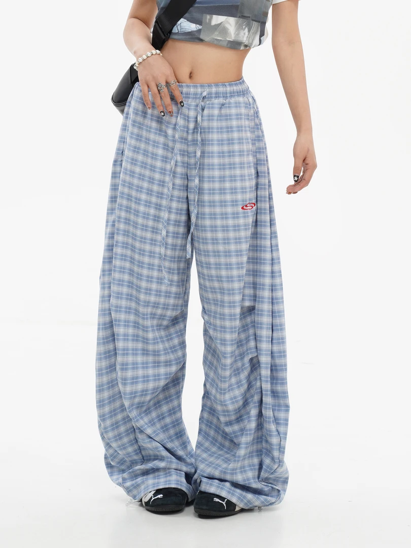 美式褶皱宽松显瘦休闲格子裤女夏季百搭慵懒风垂坠感阔腿弯刀裤子