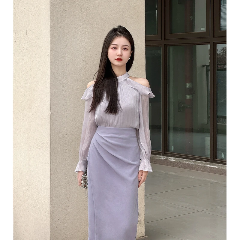 【香榭罗曼史】小娜椒小个子紫色优雅露肩挂脖荷叶衬衫半身裙套装女