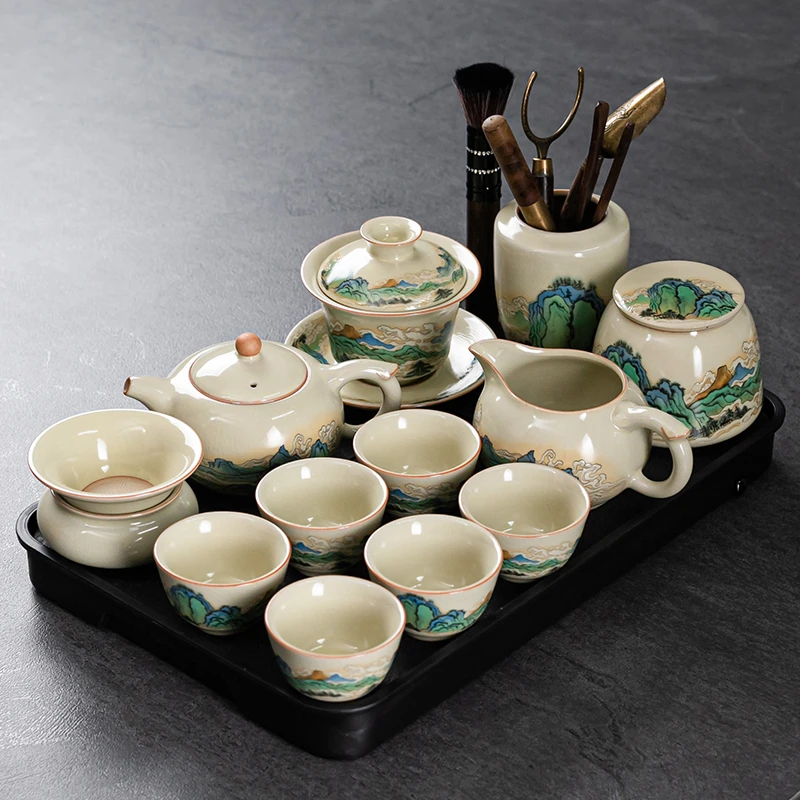 黄汝窑江山暮雪功夫茶具套装陶瓷茶杯茶盘可养开片办公整套礼盒装