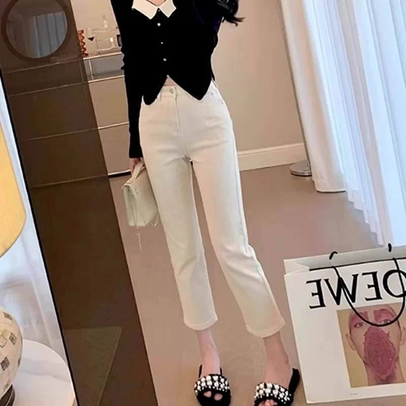 【奶杏色】2025春夏新款刺绣百搭显瘦烟管裤时尚修身直筒牛仔法棍裤