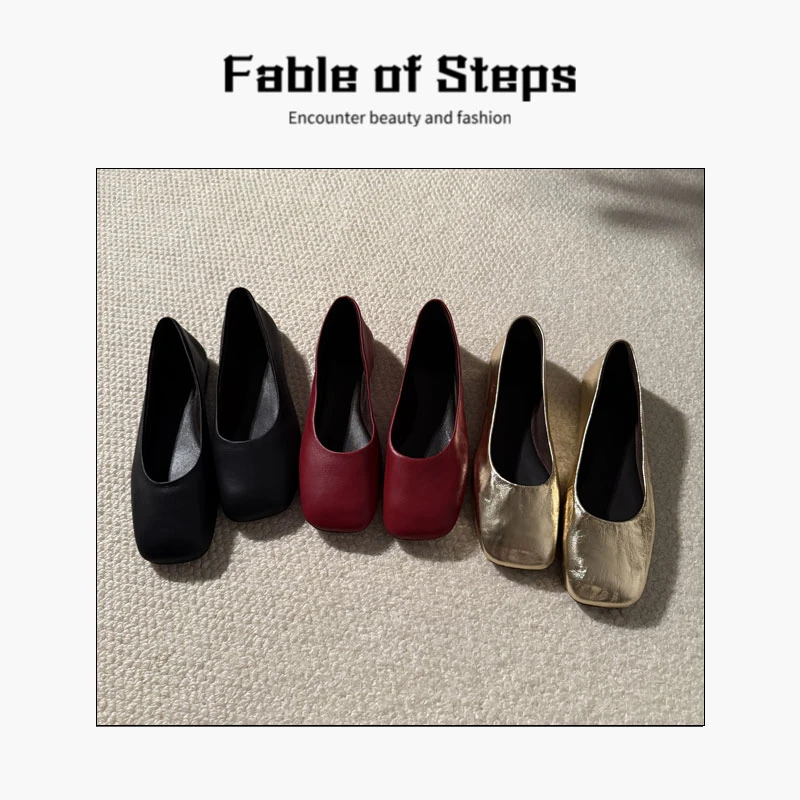 鼎新ROW家方头浅口芭蕾平底鞋奶奶鞋低跟纯色真羊皮 单鞋X058