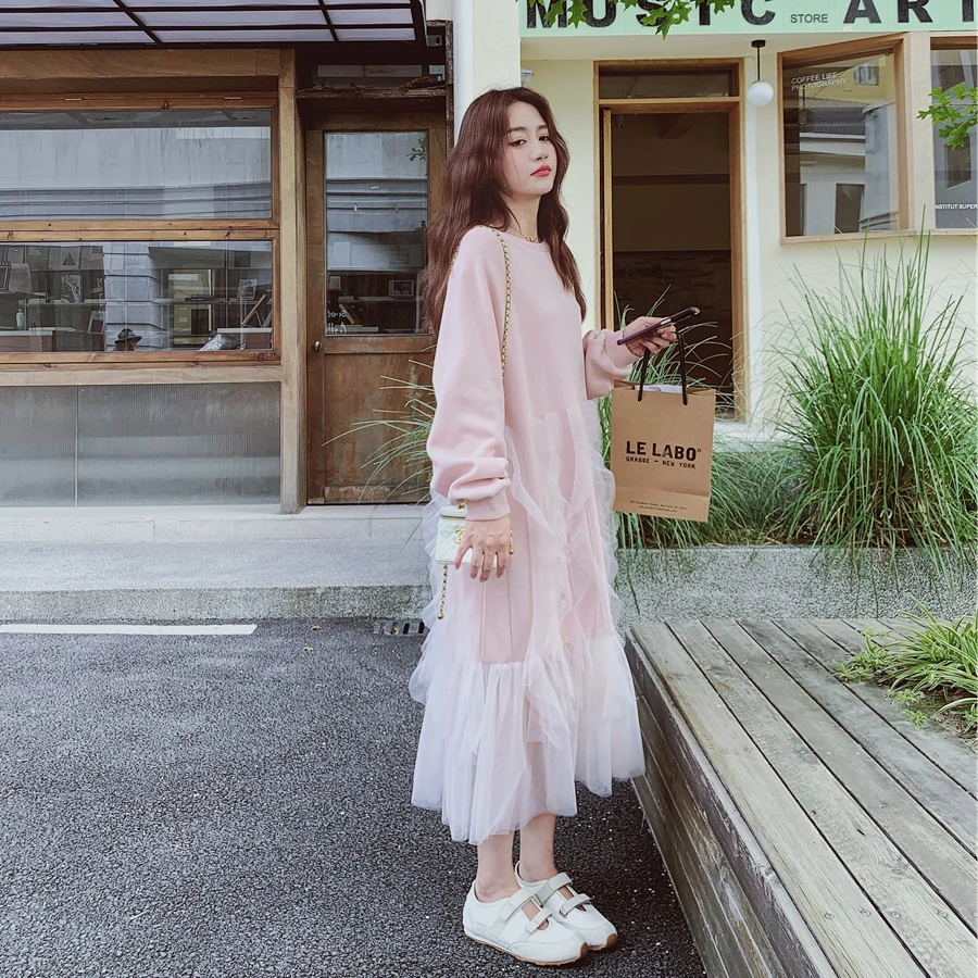 韩系甜美风减龄百搭长裙女2025早秋新款时尚休闲设计感长袖网纱裙