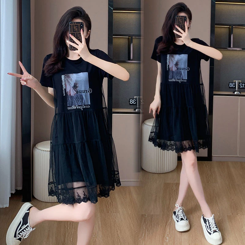 夏季显瘦短袖网纱连衣裙女ins2025新款休闲气质宽