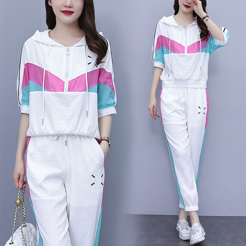 2025春夏新款大码女装显瘦减龄宽松跑步防晒运动休闲套装两件套