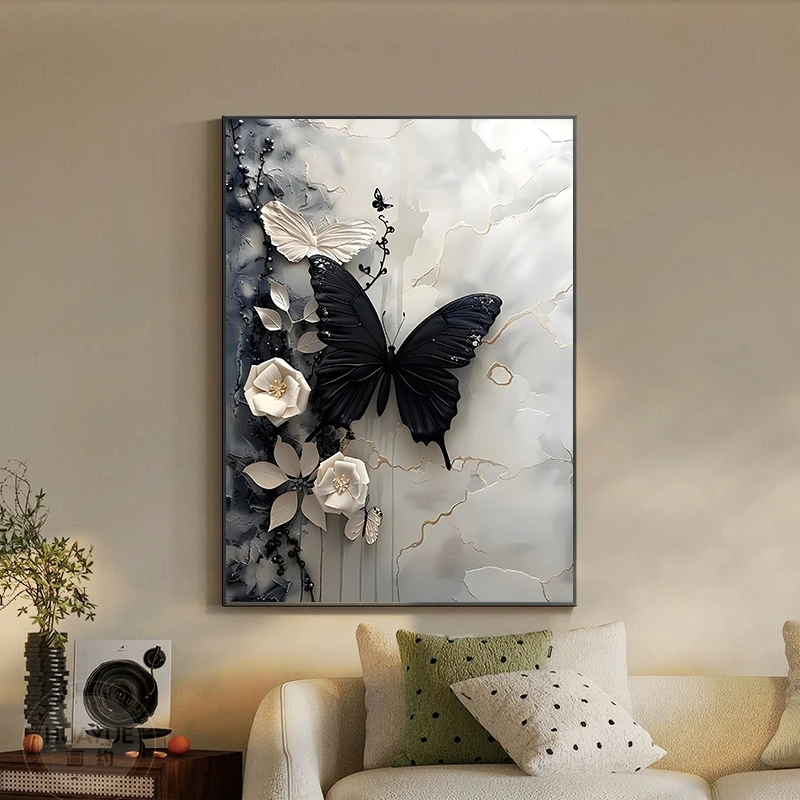 黑白蝴蝶高级感装饰画用于客厅沙发墙卧室等空间装饰