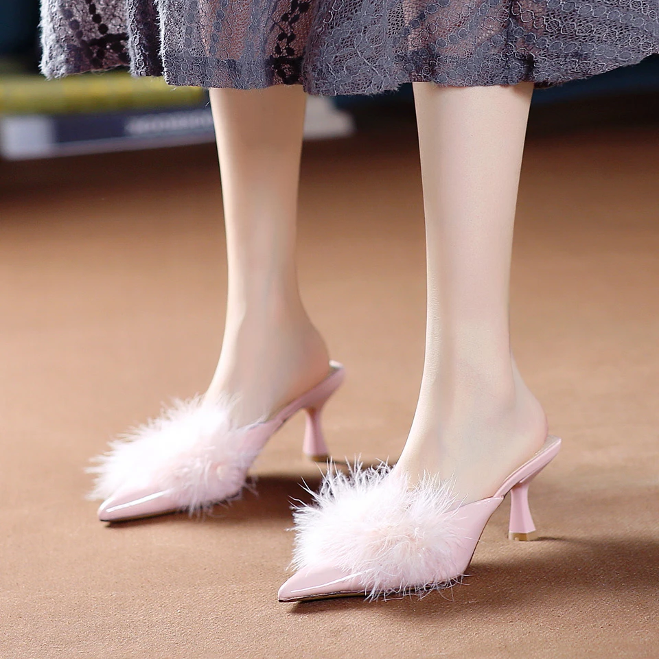 6CM[已经开价尖头高跟半拖鞋外穿2025年夏季粉色包头凉拖女2516-1