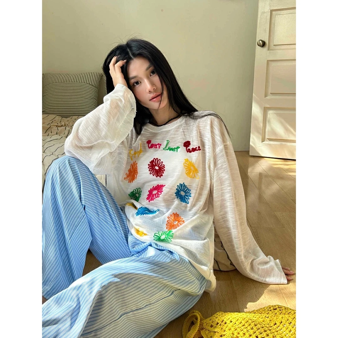 彩色刺绣长袖针织打底T恤 气质 轻奢 名媛 -6215