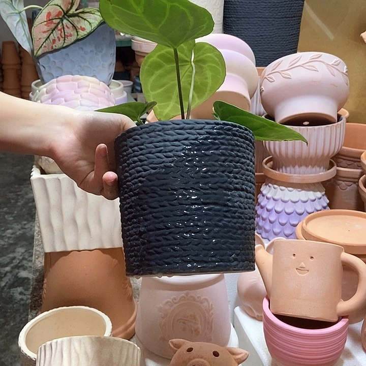 14×13黑色麻绳盆 粗陶1个