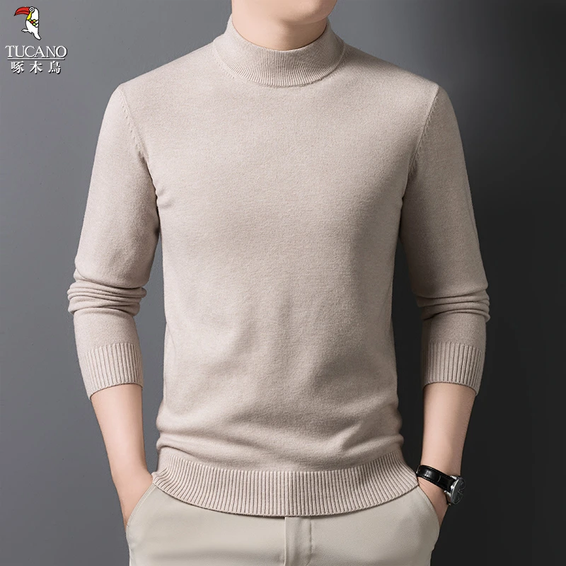 啄木鸟男士半高领毛衣秋季纯色简约保暖针织衫休闲打底上衣
