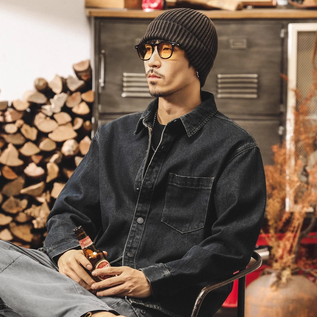 美式复古做旧酵素水洗牛仔外套男秋季宽松工装衬衫男长袖休闲衬衣