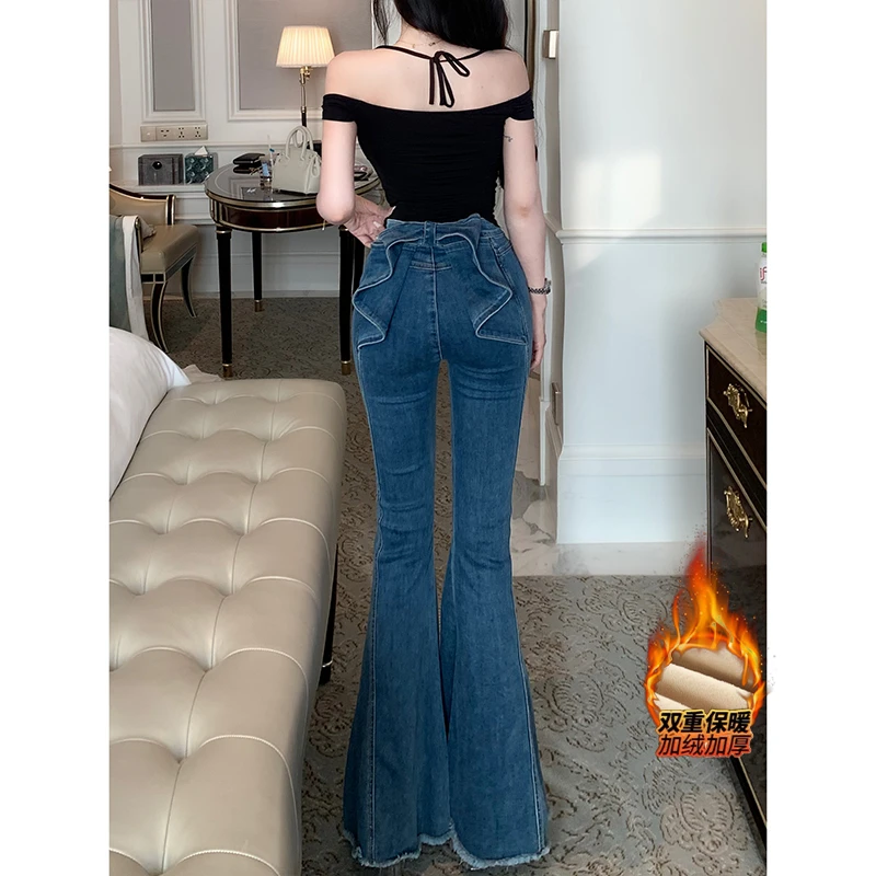亦菲同款设计感后腰立体蝴蝶牛仔裤女2025冬款加绒高腰显瘦喇叭裤
