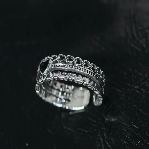 925银戒指 复古做旧三层开口做旧小众设计高级-黑色爱心戒指1084