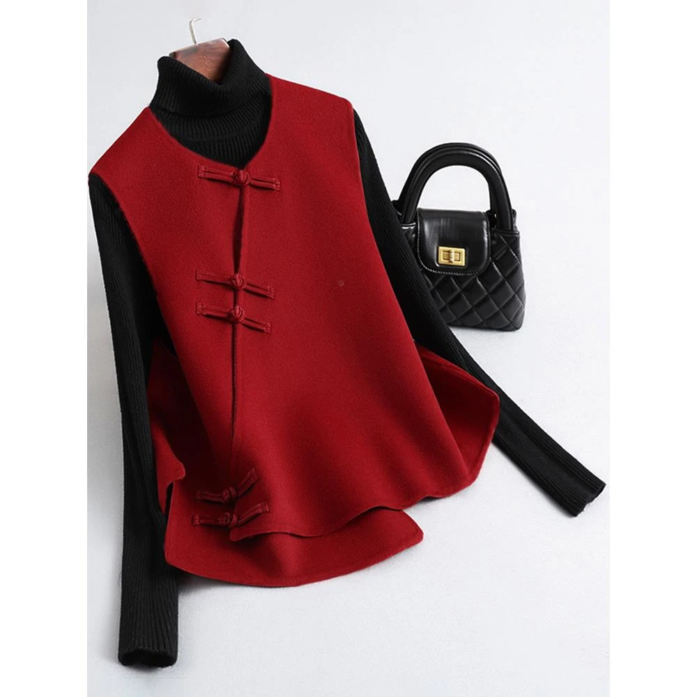 新中式双面羊毛大衣女马甲秋冬季新款红色国风覆古毛呢外套洋气