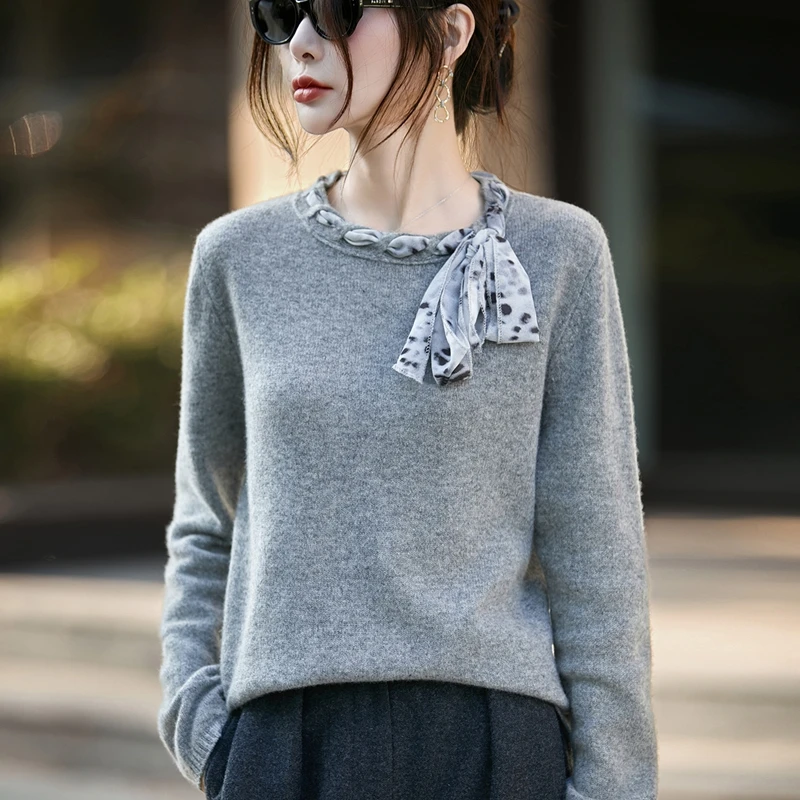 爆款修身细羊毛打底衫气质百搭飘带针织套衫时尚网红宽松外穿毛衣