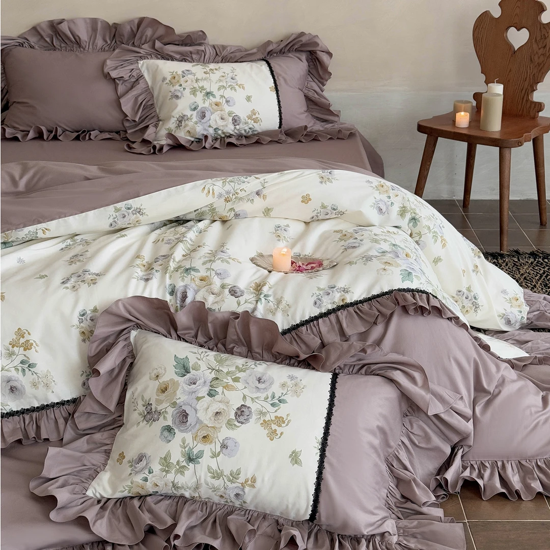 法式复古花卉全棉四件套纯棉荷叶花边印花被套床单公主风床上用品