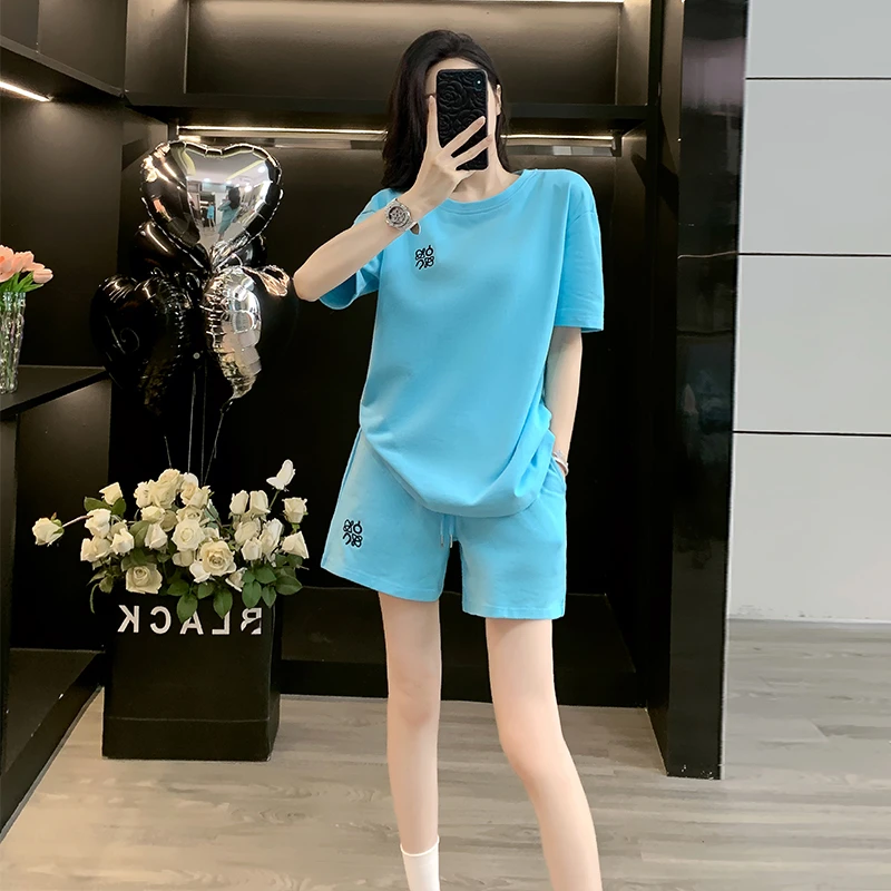 网红炸街韩版显瘦2025夏季新款天蓝色短袖上衣短裤休闲运动套装女
