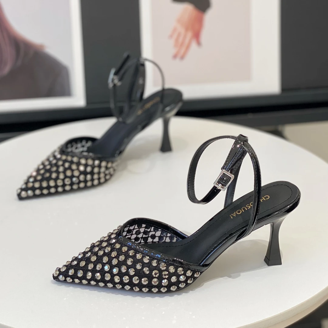 网红仙女风网纱包头凉鞋女2025夏季新款尖头细跟气质一字扣带单鞋