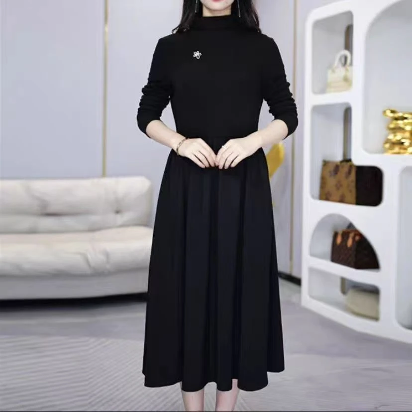 【SY467】2025秋季新款黑色长袖高领连衣裙女洋气韩版显瘦打底裙子