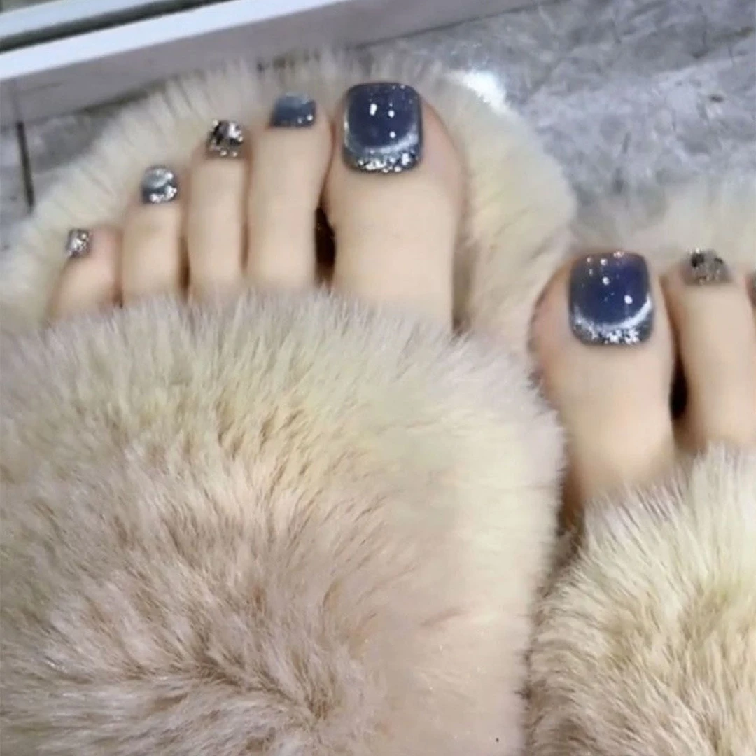 【深海精灵】14片法式猫眼镶钻手工脚趾甲镀晶封层穿戴甲贴片