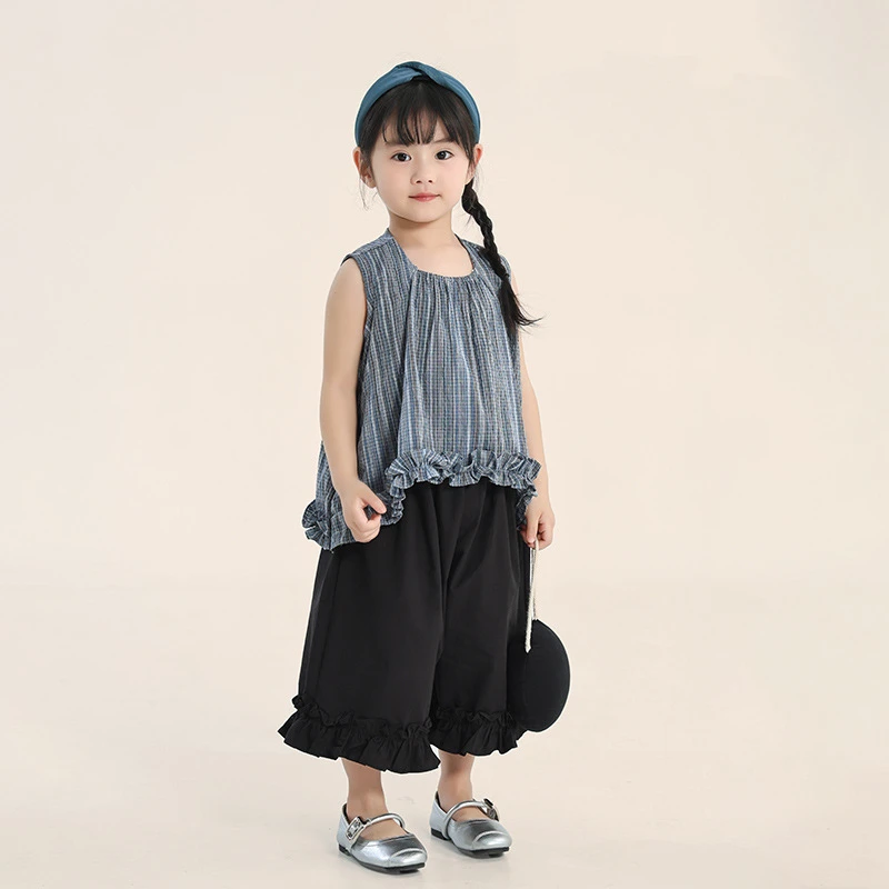 女童夏装套装儿童中小童韩版格子花边背心阔腿裤两件套
