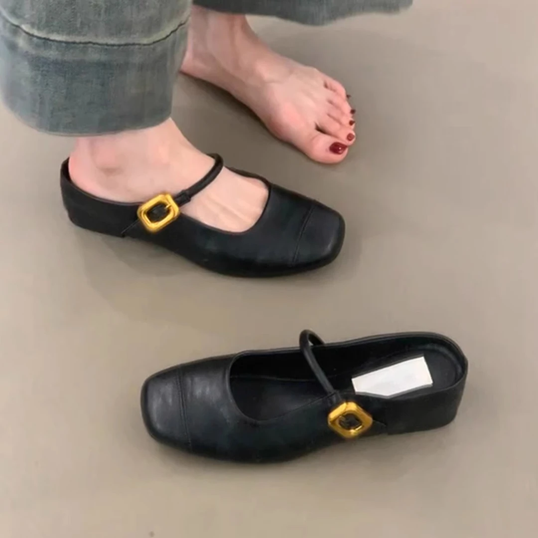 羊皮版~方头复古内增高半拖鞋女一字带浅口真皮百搭通勤包头凉拖