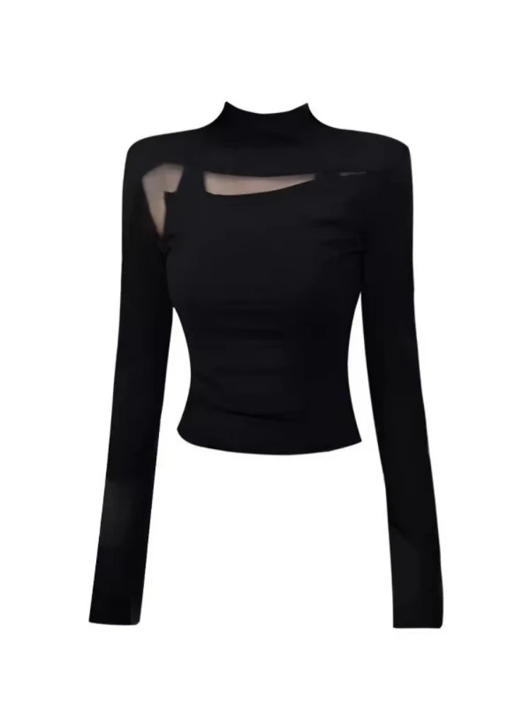 现货 半高领网纱拼接长袖打底T恤女秋季辣妹风设计感上衣