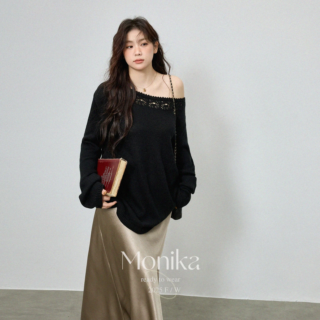 大码女装法式钩花镂空软糯毛衣针织衫一字领上衣N9297+半身裙5037