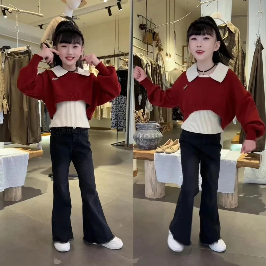 【商场撤柜】女童喇叭牛仔裤套装2025春装新款大儿童装春秋季女孩
