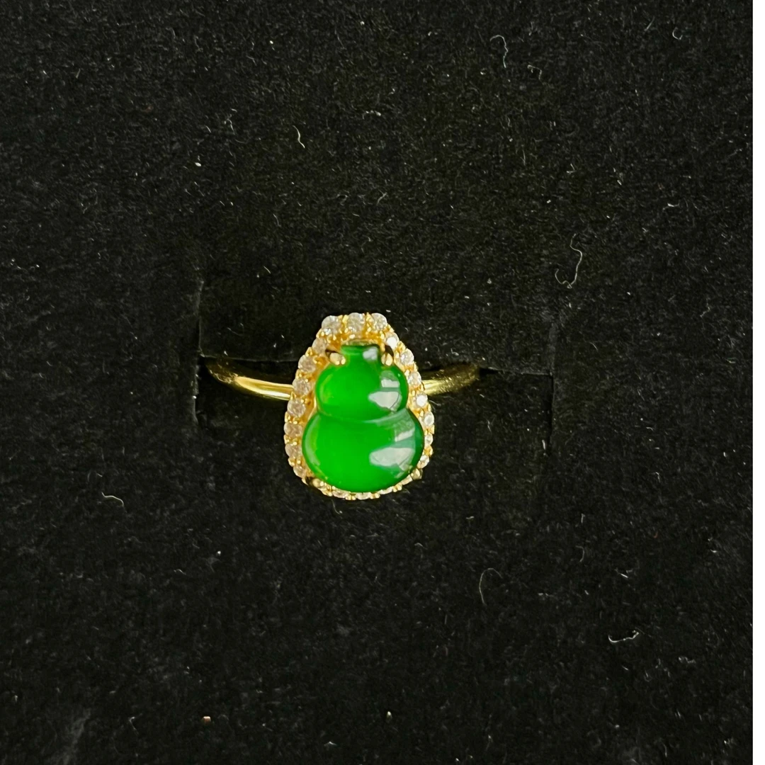 天然A货翡翠葫芦金色戒指满绿气质时尚精美百搭可调节s925银镶嵌