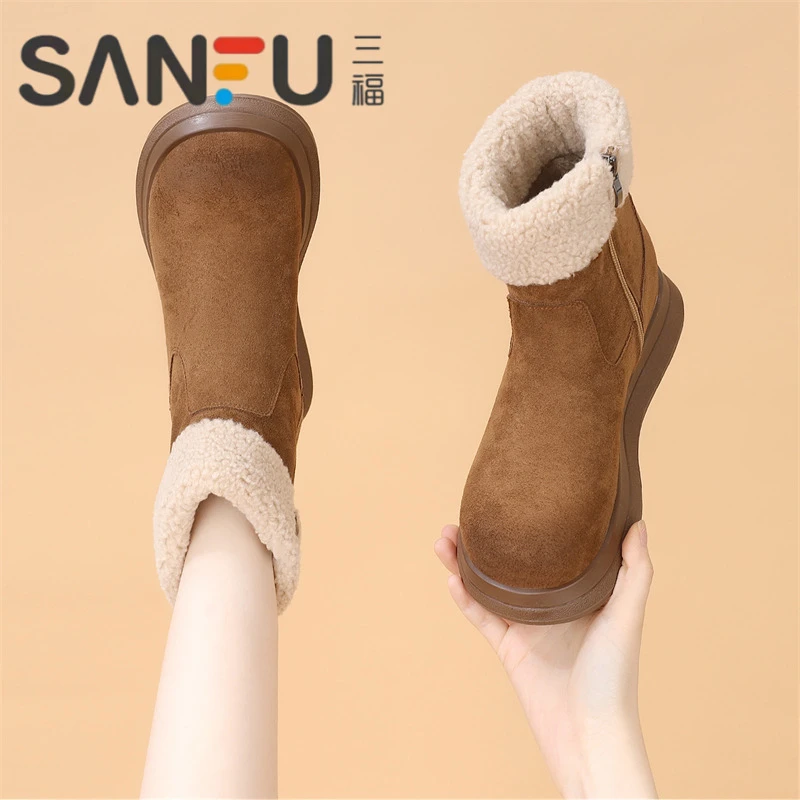 三福真皮厚底雪地靴女款2025秋冬季新款加绒加厚短靴保暖毛毛棉鞋