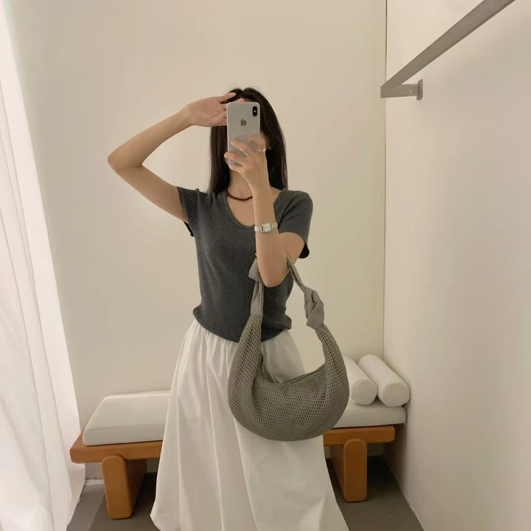 C/m3196 韩系简约百搭U领正肩弧形短袖T 9-14