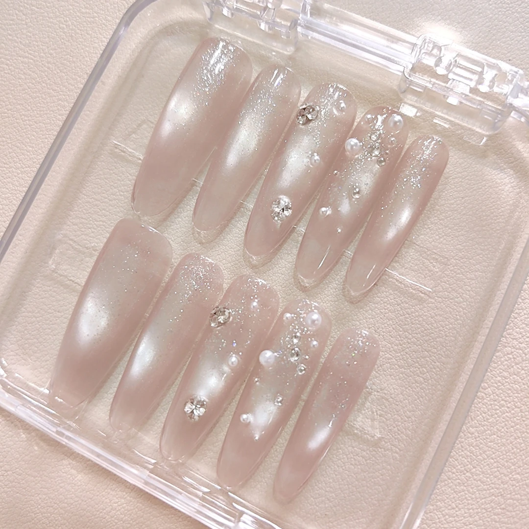 【揉碎星光】纯手绘纯手工穿戴甲片爆闪钻裸色指甲贴