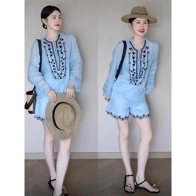 法式国风亚麻衬衫套装女夏季时尚减龄显瘦薄款刺绣上衣短裤两件套