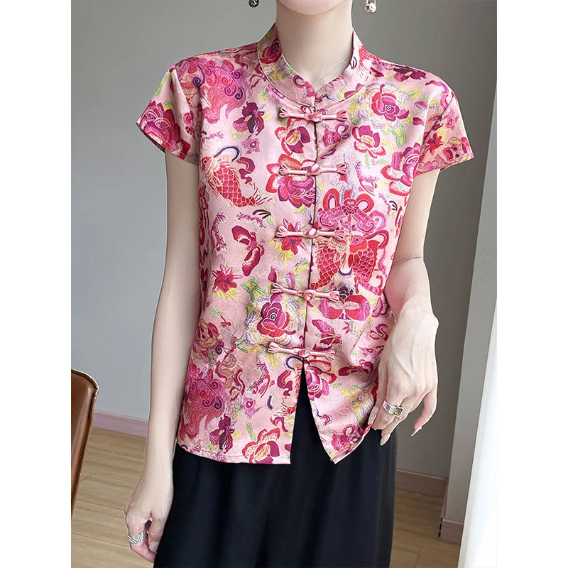 繁花锦鲤印花短袖上衣女夏季国风直襟立领百搭老钱风女装