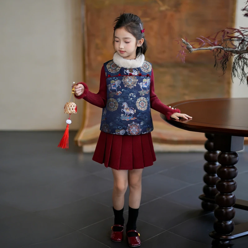 80969马年新中式女童国风马甲毛毛领保暖背心26款儿童新年服战袍