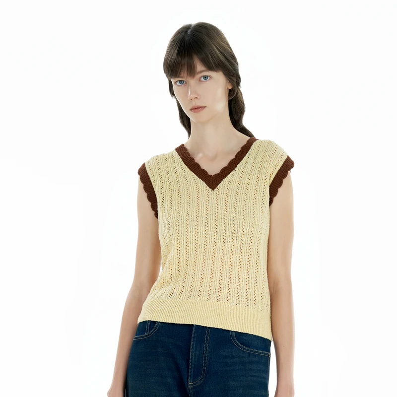 IIIVIVINIKO 2025SS"夹花棉混纺"V领撞色边针织背心B511212638B
