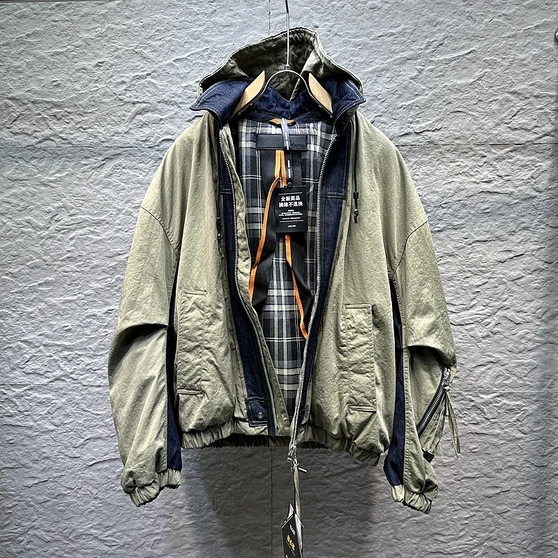 美式潮牌2025秋冬新款连帽宽松牛仔拼接外套羽绒服90白鸭绒男