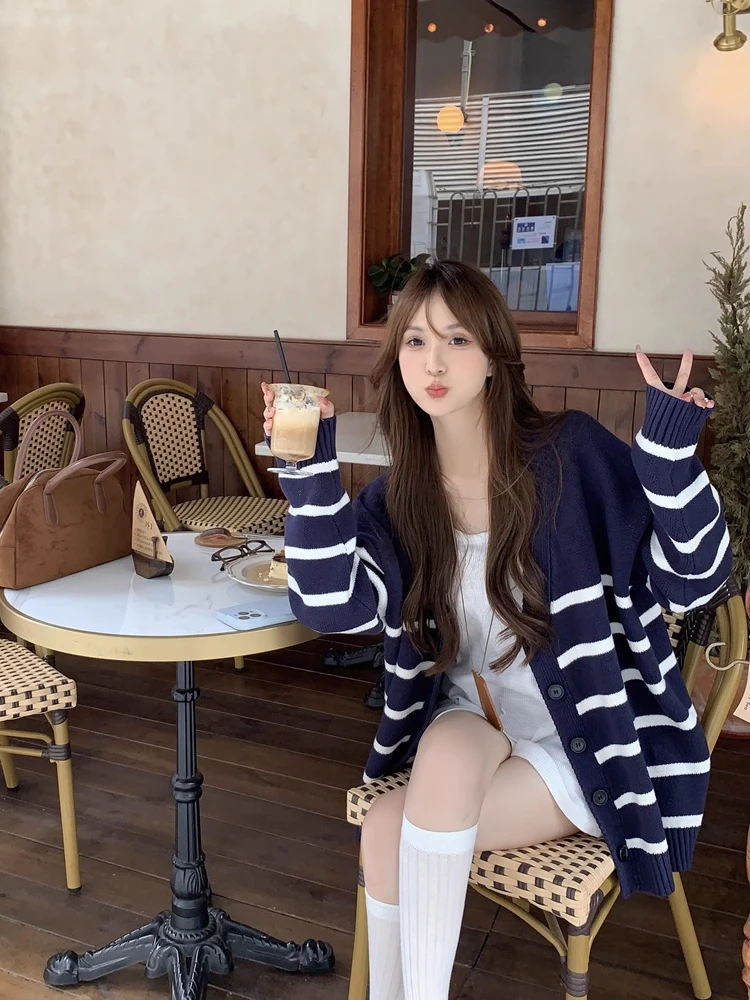 藏青色条纹开衫针织衫毛衣女秋冬新款宽松休闲百搭中长款上衣