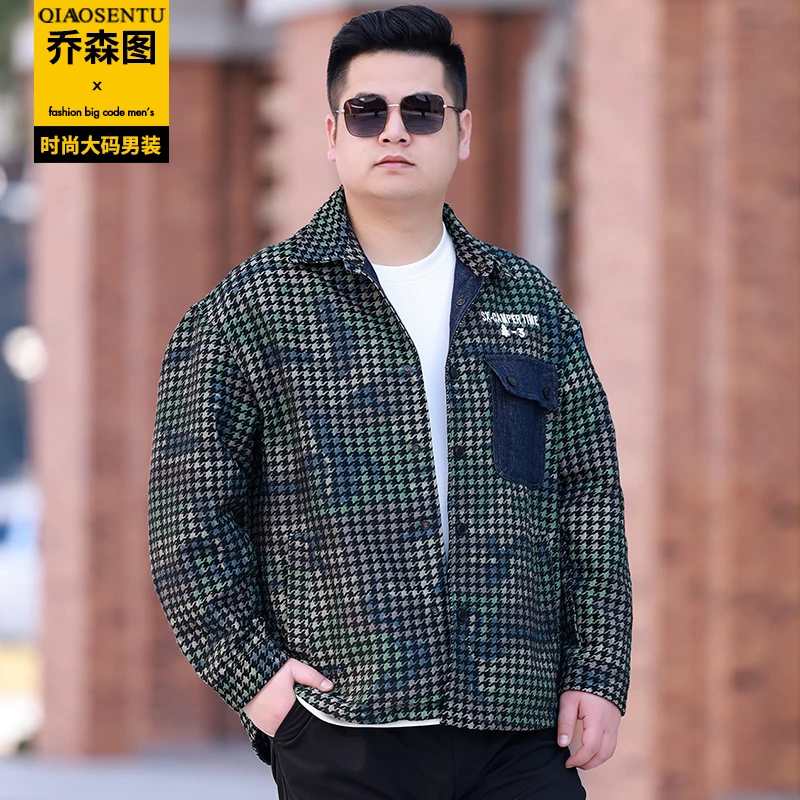 加肥加大码时尚男士休闲夹克春秋新款千鸟格翻领胖子肥佬外套上衣