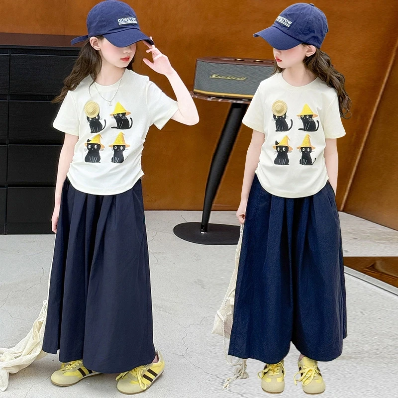 女童夏季阔腿裤套装2025新款女中大童卡通短袖t恤休闲裤裙两件套